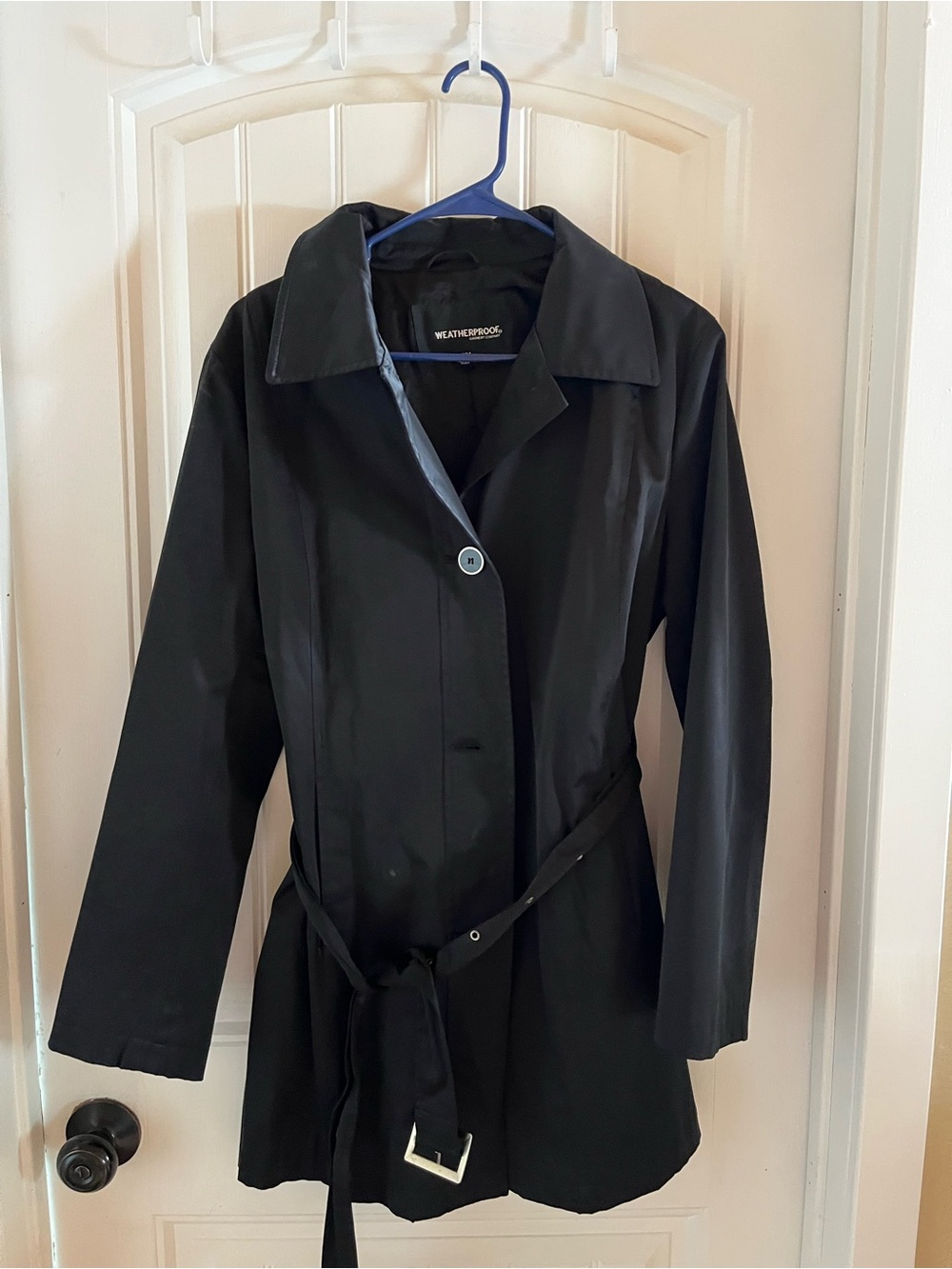 Weatherproof Black Women’s Trench Coat with Belt Detail
